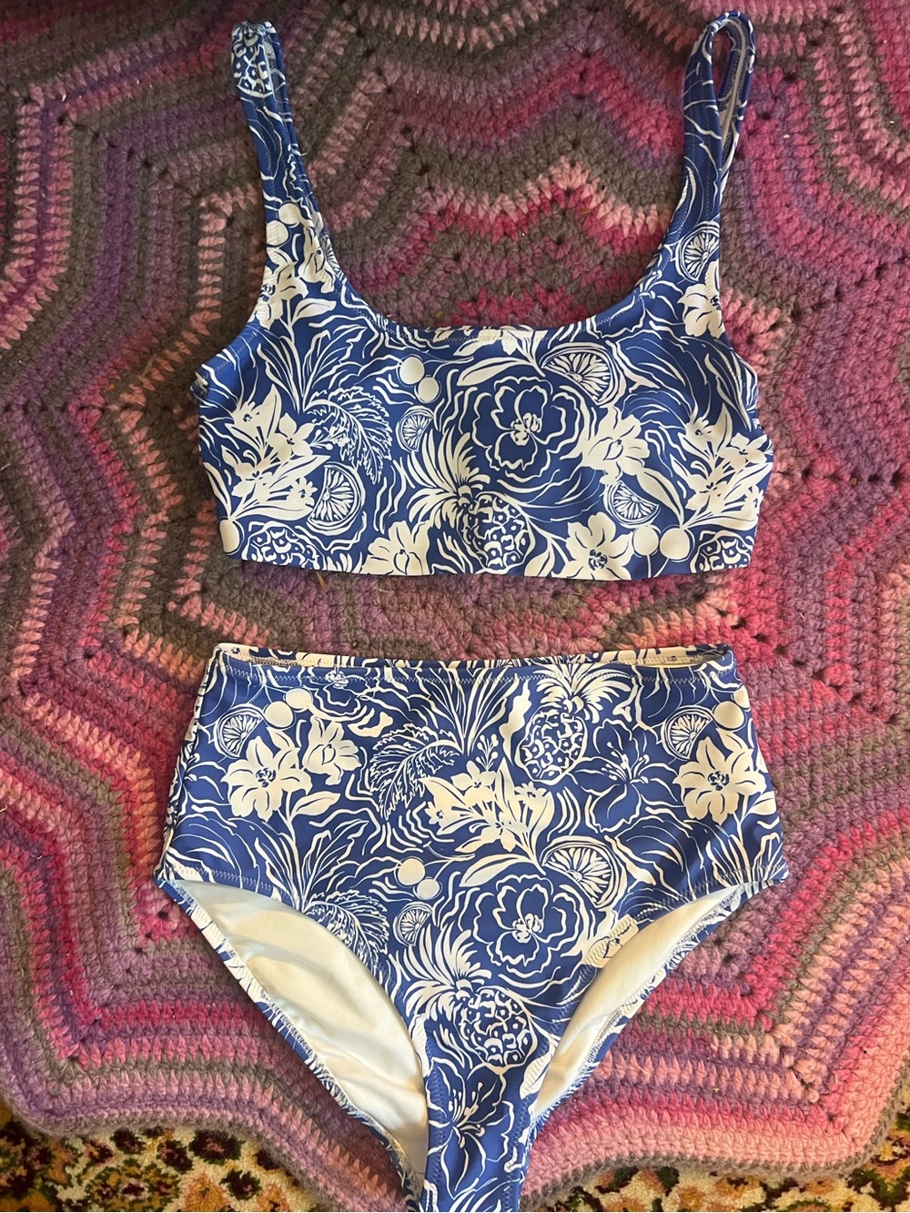 Old Navy Blue & White Floral Two-Piece High-Waist Bikini